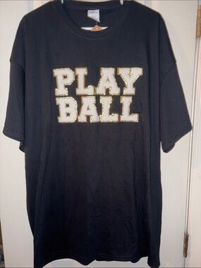 PLAY BALL Black Graphic Tee with Gold-Trim Letters